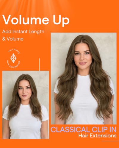 Image of Full Shine Human Hair Clip in Extensions | Light Brown Clip in Hair Extensions Human Hair, for Cheer, 20 Inch 7 Pcs 120g