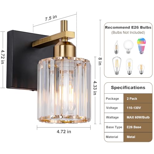 Image of Black Gold Wall Sconces Set of 2: Modern Vanity Lights with Crystal Glass Shade, Bathroom Sconces Set of Two, Crystal Wall Light Fixtures for Bath Mirror Living Room Bedroom Hallway Kitchen, E26 Base