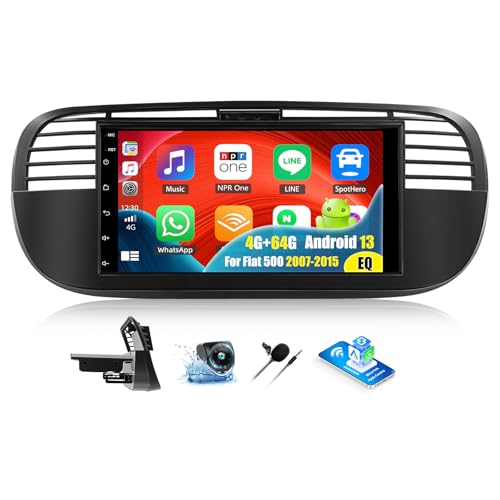 OiLiehu 4G+64G Android 13 Car Stereo for FIAT 500 2007-2015 with Wireless CarPlay Android Auto, 7'' IPS Touchscreen 2 Din Radio with WiFi GPS Mirror Link Bluetooth FM RDS EQ SWC USB Backup Camera