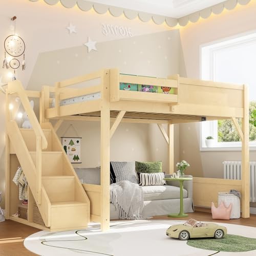 Image of KEIKI Solid Wood Full Size Loft Bed Frame with Stairs, Built-in Wardrobe and Storage Space, Full Loft Bed with Shelves, Full-Length Guardrails, No Box Spring Needed for Bedroom, Natural