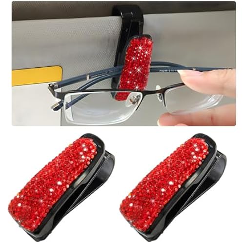 Wevdn 2 PCS Car Sun Visor Glasses Holder, Fashion Bling Car Eyeglasses Sunglasses Hanger for Women Girls, Glasses Holder Clip Hanger Mount with Ticket Card Clip, Car Accessories (Red)