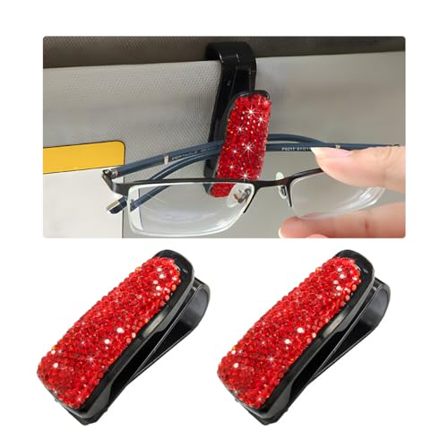 Wevdn 2 PCS Car Sun Visor Glasses Holder, Fashion Bling Car Eyeglasses Sunglasses Hanger for Women Girls, Glasses Holder Clip Hanger Mount with Ticket Card Clip, Car Accessories (Red)