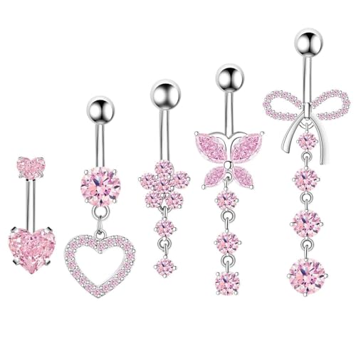 YSJCHEBS Pack De 5 Piercings De Ombligo De Circonio Rosa, Piercing De Ombligo, Barra De Abdominoplastia De Mariposa, Barra De Ombligo Rosa, Juego De Piercings De Ombligo, Anillo De Ombligo Colgante
