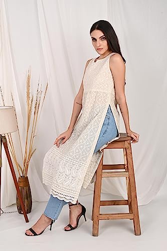 Image of Lucknowi Chikankari Pure Cotton Sleeveless Nyra Cut Straight Long Casual Kurti for Women