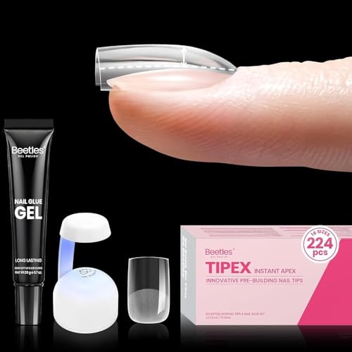 Gelab cosmetics LLC Beetles Tipex Instant Apex Nail Tips Kit, Medium Stiletto, 224 Pcs 16 Sizes Pre-Building Pre-Etched False Nail Tips with Tipex Nail Glue, Mini Nail Lamp
