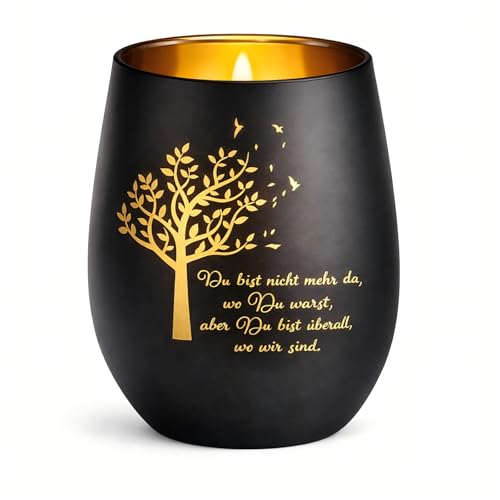 Trauergeschenk Windlicht mit Gravur – Grablicht Glas & Trauerlicht als Erinnerungslicht, Mit Spruch „Du bist Nicht mehr da …“, Würdige Trauer Deko für Hinterbliebene, Beileid und Grab (Schwarz)