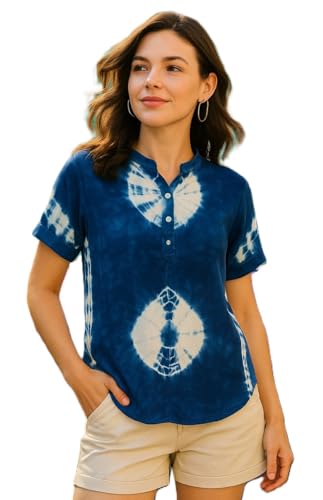 Image of Maaesa Women Handcrafted Tie & Dye Casual Rayon Regular Fit Top | Mandarin Collar | Short Sleeves | Lightweight & Breathable Fabric