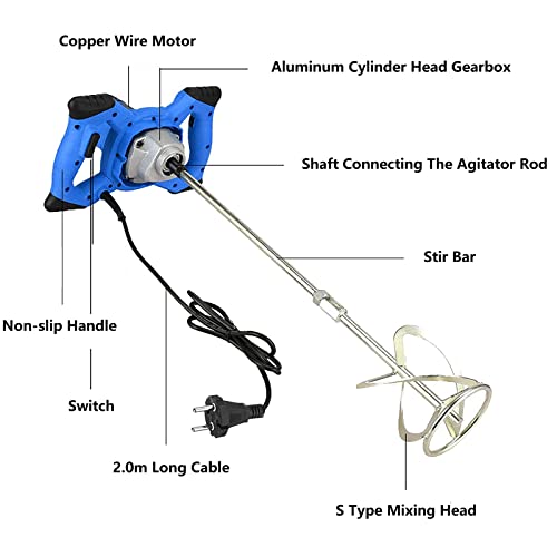 Electric Concrete Cement Mixer, 2600W Mortar Adhesive Mixer, Paint Mixer, Plaster Mixer, Grout Mixer | M14 Adjustable Spiral Rod | 6 Speeds Control | Agitator Ø 4.8 x 7.5 Inch | Ideal for Mixing Glue - Image 2
