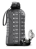 AQUAFIT 128 oz Water Bottle with Time Marker - 2in1 Straw & Chug Lid - BPA Free Big Gym Water Bottle with Strap - Gray