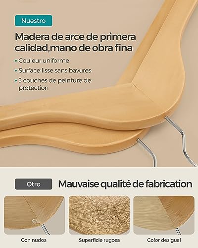 Miniatura 5 de Songmics Percha De Madera Maciza, Juego De 20, Con Ranuras Para Hombros, Barra Antideslizante Para Pantalones, Gancho Giratorio De 360 , Para Trajes, Camisas, Abrigos, Natural Y Plata Crw001-20