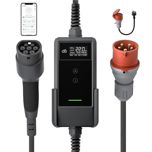 dé Mobile Wallbox/Ladestation 22kW Mit App [3-phasig|7m|6-32A] mit stromzähler, Ladekabel CEE 32A auf Typ 2 und EV Ladegerät für Model Y/3, ID.3/4/5, MG4, EX30, e-up, e-tron und andere EV/PHEV
