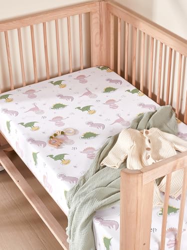 Image of TILLYOU Baby Crib Sheets for Boys Girls, Super Soft Toddler Bed Sheets, 2 Pack Sheets for Standard Crib Mattress 28x52in, Dinosaur Land