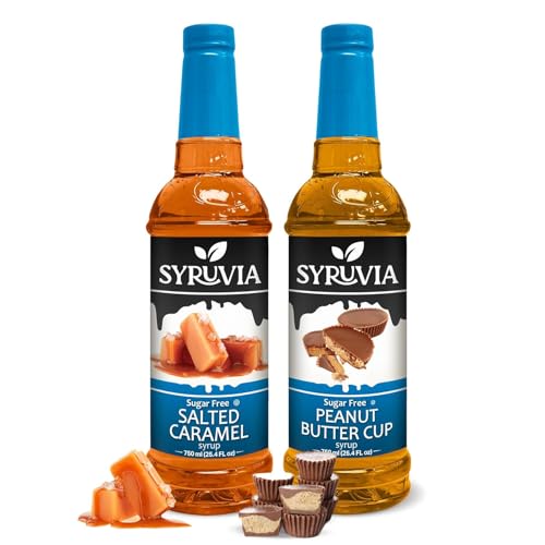 Syruvia Sugar-Free Salted Caramel & Sugar-Free Peanut Butter Cup Syrup - 25.4 fl oz. Premium Coffee Flavoring Syrup. 0 Calories, Kosher, and Gluten-Free. Perfect for Drinks, Sodas, and More.