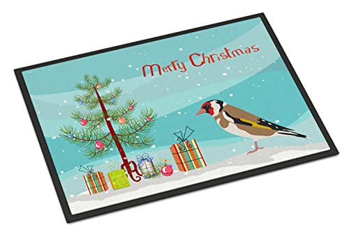 Caroline's Treasures CK4489JMAT Gold Finch Merry Christmas Doormat 24x36 Front Door Mat Indoor Outdoor Rugs for Entryway, Non Slip Washable Low Pile, 24H X 36W