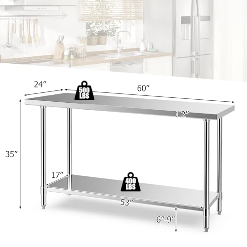 SAFEPLUS 60\" x 24\" Stainless Steel Table with Wheels and Adjustable Shelf for Prep & Workstations Commercial Heavy Duty worktables - Thumbnail 7