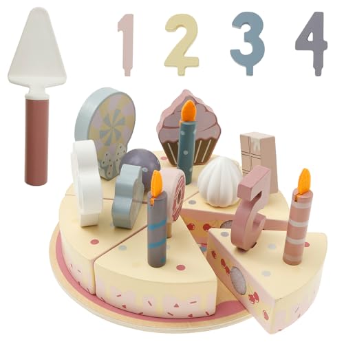 Wooden Birthday Cake Toy Cutting and Decorating Birthday Cake Role Play Pretend Toys Wooden Play Food Toy Kitchen Accessories and Tea Party Set for 3 4 5 Years Old Girls Boys Kids(Pink)