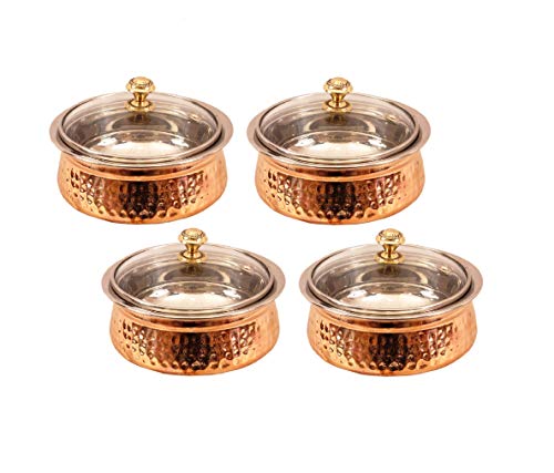 Indian Art Villa Steel Copper Serving Handi with Glass Lid 17 Oz - Serving Dishes Chicken Briyani Vegetables Home Hotel Restaurant Tableware Dishware, Set of 4