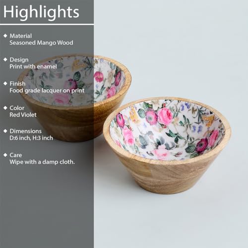 Image of SAAGA Mango Wood Nuts Bowl Set of 2-6 x 3 Inch Decorative Wooden Snack & Dry Fruit Bowls | Soup & Serving Katori for Kitchen - Red Violet