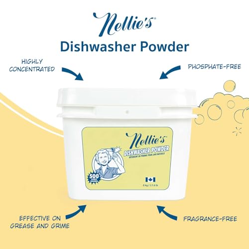 Image of Nellie's Dishwasher Powder - 500 Scoop Bulk Bucket - Plant-Based Formula - Phosphate-Free, Septic-Safe, Tough on Food Residue - Sparkling, Streak-Free Clean - Made in Canada