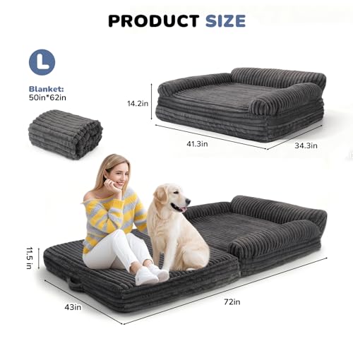 OtterOasis Foldable Human Dog Bed 72"x43"x11.5", Fluffy Faux Fur Human Sized Pet Bed with Blanket, Orthopedic Dog Bed with Egg Foam and Water Repellent Liner (Dark Grey (Foldable), 72" Length) — view 2