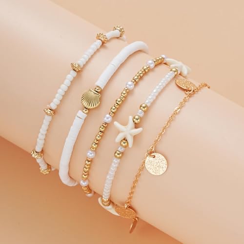 Image of Boho Shell Ankle Bracelet Set for Women, 5 Pairs 14K Boho Bead Handmade Adjustable Anklet, Hawaiian Beach Seashell Starfish Foot Jewelry Gifts
