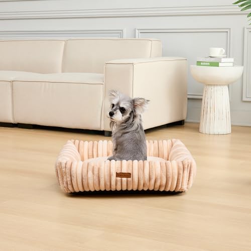 Image of Modern Threads Ribbed Plush Two-Tone Cuddler Dog Bed, Ultra-Soft Faux Rabbit Fur, Supportive Bolstered Sides, Removable Washable Cover, Bed for Medium Dogs, Cream, (28 inch L x 21 inch W x 9 inch Th)