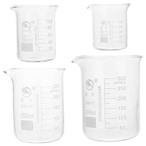 STOBAZA Laboratory Glass Beakers Set 4-Pack 9Oz Graduated Measuring Beaker with Spout for Precise Liquid Measurement Scientific and Educational Use