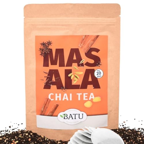 BATU Te Chai Bolsitas | Premium | 20 Bolsitas de té ecológicas | Origen Assam, India | 100% ingredientes naturales | Receta te chai latte : Añadir al te negro chai, un poco de leche