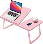 KKTECH Laptop Tray with Adjustable Angle, Space-Saving Bed Table with Foldable Legs, Cup Slot, Book Holder, Reading Stand, Versatile Laptop Table for Bed Use (PINK)