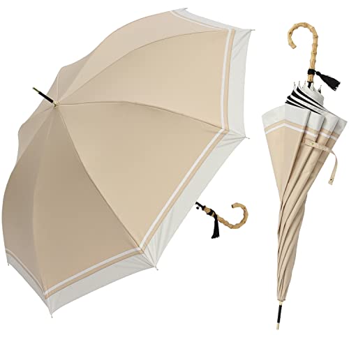 assa 日傘 ワンタッチ レディース 長傘 大きい バンブーハンドル 58cm ワイド 大判 Lサイズ ジャンプ傘 UVカット 100 遮光 遮熱効果 晴雨兼用 (FJL004/キャメル)のサムネイル