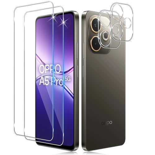 Funrae 2 Piezas Protector de Pantalla para OPPO A5 Pro 4G/5G con 2 Piezas Protector de Lente de Cámara, 0.33MM HD 9H Ultra Resistente Cristal Templado Vidrio Templado