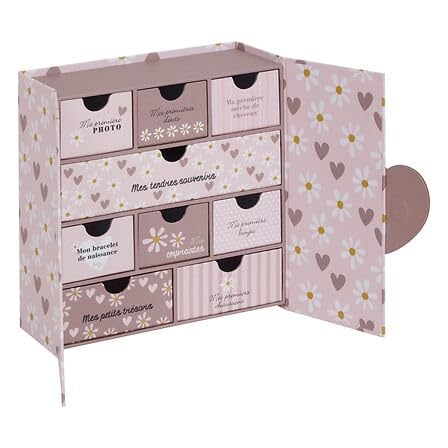 Coffret de naissance souvenirs cœurs 9 tiroirs - Rose