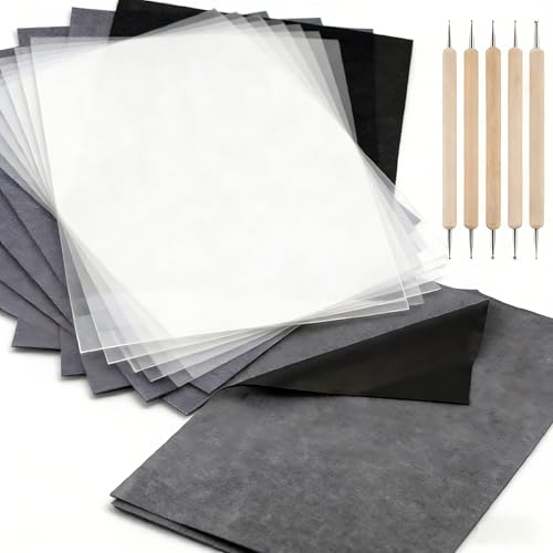 Carbon Paper Transfer Paper Set 200 Sheets A4 Tracing Paper & Carbon Transfer Paper with 5 Embossing Stylus Tools Graphite Transfer Paper for Wood Burning Drawing Canvas Fabric DIY Crafts