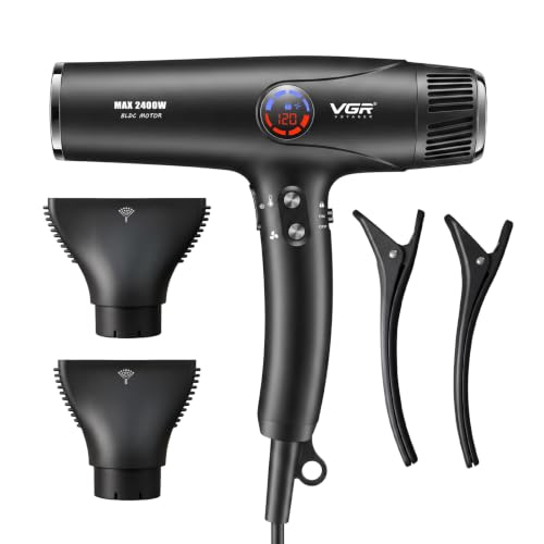 VGR 469 Asciugacapelli Professionale 2400W Con Motore BLDC, Phon Con Diffusore E Aria Fredda Istantanea, 4 Temperature E 4 Velocità, Display LED, Blocco Tasti, Asciugatura Rapida Dei Capelli