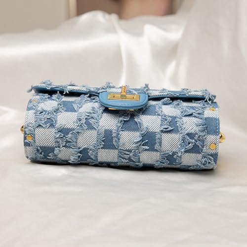 Image of Nova&Aria Women Small Shoulder Bags Quilted Crossbody Distressed Jean Denim Purse Evening Bag Clutch Handbag with Chain Strap-Checkered