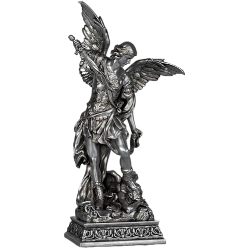 Image of BC Catholic St. Michael Statue, 6" H Archangel Figure, Indoor Statue,Patron of Exorcism & Spiritual Defense, Classical Florentine Art Sculpture Handpainted in Sliver by Buildclassic