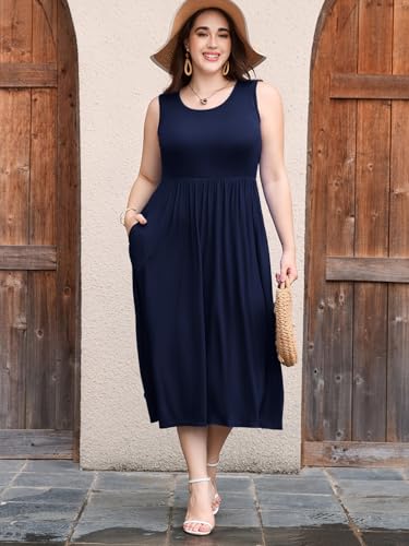 Image of LARACE Women's Plus Size Sleeveless Maxi Dress Casual Crew Neck Pleated Flowy Long Dresses with Pockets L-6XL