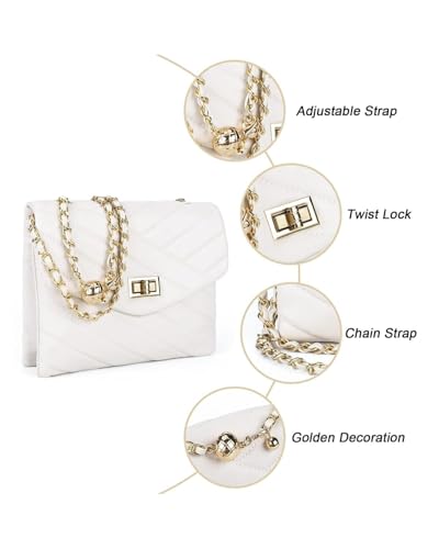 Image of LAVTUG Small Quilted Crossbody Bag for Women, Faux Leather Gold Chain Purse | Chevron quilted flap purse with clasp-adjustable chain, 2 main compartments, inner zip pocket and back slip pocket