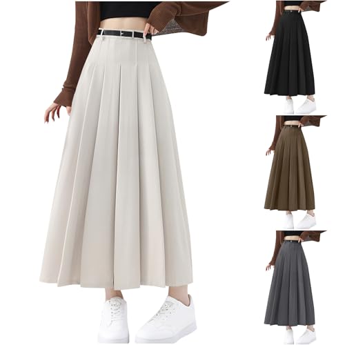 HGps8w Long Pleated Work Skirt for Women High Waisted Elegant A-Line Business Casual Swing Cocktail Maxi Skirts2