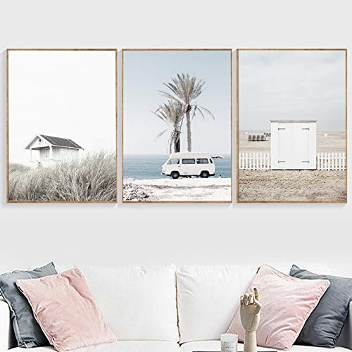 Toile Art Print Camper Van Bus - Affiche Voiture Rétro Plage Océan Sans Cadre 50x70 cm X3