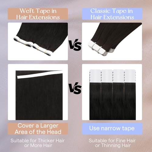 Image of Full Shine Genius Weft Hair Extensions Human Hair, Natural Black 24 Inch | 50g 1 Piece, Wide Hair Extension Tape in, Double Weft Design Silky Straight Texture Thick Ends for Long Styling