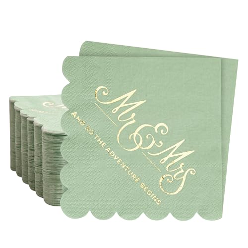 100 Pcs Scalloped Wedding Napkins Disposable Gold Foil Mr and Mrs Sage Green Cocktail Napkins for Wedding Dinner Party