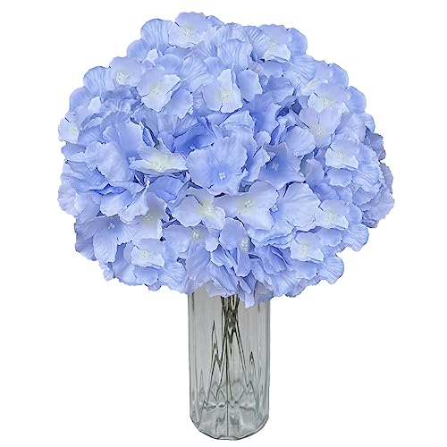 UoYeet Paquete de 10 flores artificiales de hortensias de seda: cabezas de hortensias blancas de primera calidad con tallos largos para decoración del hogar y proyectos de bricolaje, azul lago