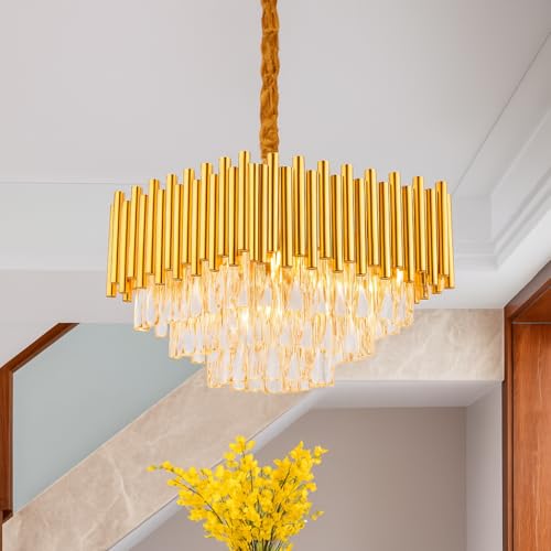 Image of TRIXY Chandeliers Lights for Ceiling Pure Gold Square Crystal Hanging Pendant Light Lamp | 3 Tier, K9 Crystal 400mm Jhoomar Fixture for Bedroom, Dining Room, Living Space Modern Home Lighting