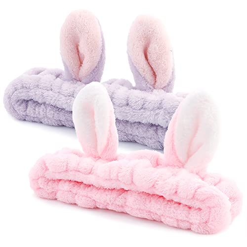 YISSION Cute Bunny Ear Spa Headband for Women and Girls - Soft Plush Makeup Headband for Face Washing, Skincare, Shower, Easter Party Favors (2 Pack, Pink & Purple)