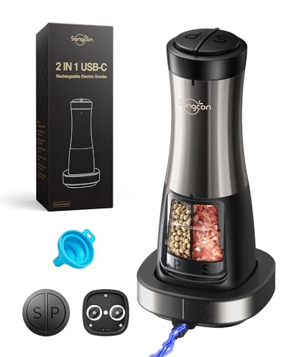 Sangcon Juego de molinillo eléctrico de sal y pimienta 2 en 1, molinillo de sal y pimienta recargable por USB con base de carga, molinillo automático de grosor ajustable con luz, regalos de cocina
