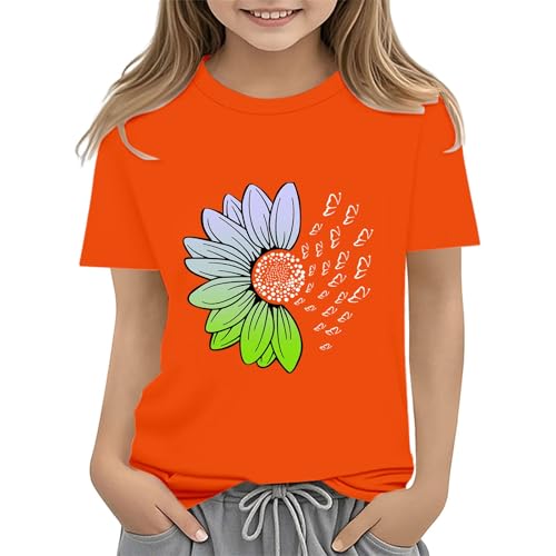Girls Loose Fit Sunflower Graphic T Shirts Short Sleeve Crewneck Cute Pattern Printed Tops Kids (D-Orange, 2-3 Years)