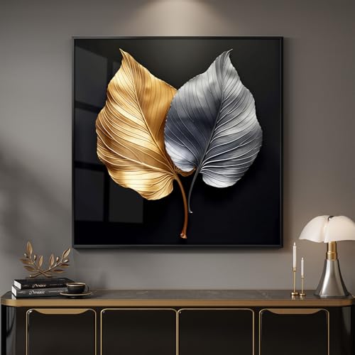 Framed Modern Elegant Wall Art, Black Gold and Silver Leaf