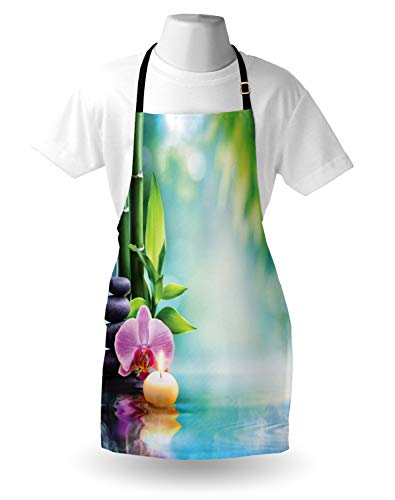 Ambesonne Spa Apron, Symbolic Features Candle And Bamboos Tranquil And Thoughtful Life Nature Print, Unisex Kitchen Bib With Adjustable Neck For Cooking Gardening, Adult Size, Blue Black #TOP2