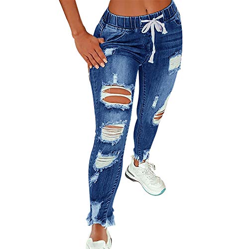 KUNMI Women High Waist Skinny Stretch Ripped Jeans Destroyed Denim Pants Plus Size Dark Blue